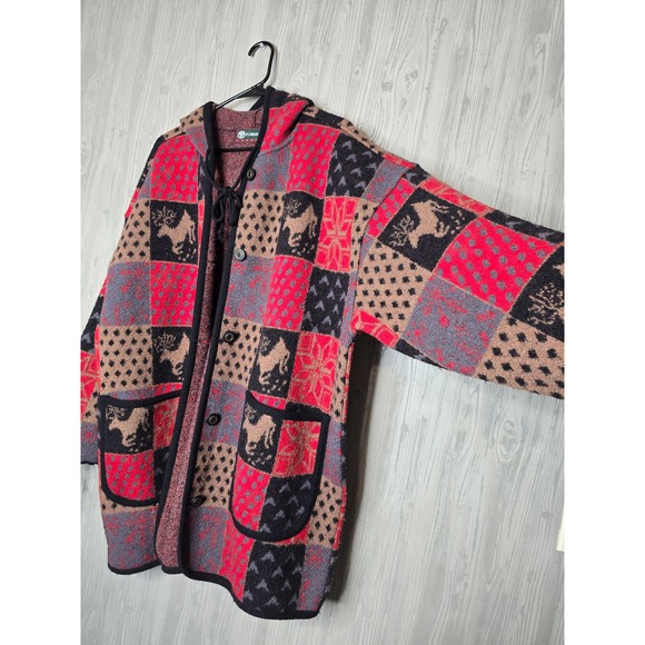 Vintage Tundra Canada Patchwork Hooded Wool Cardigan Sweater Womens M Red Black - Picture 2 of 5